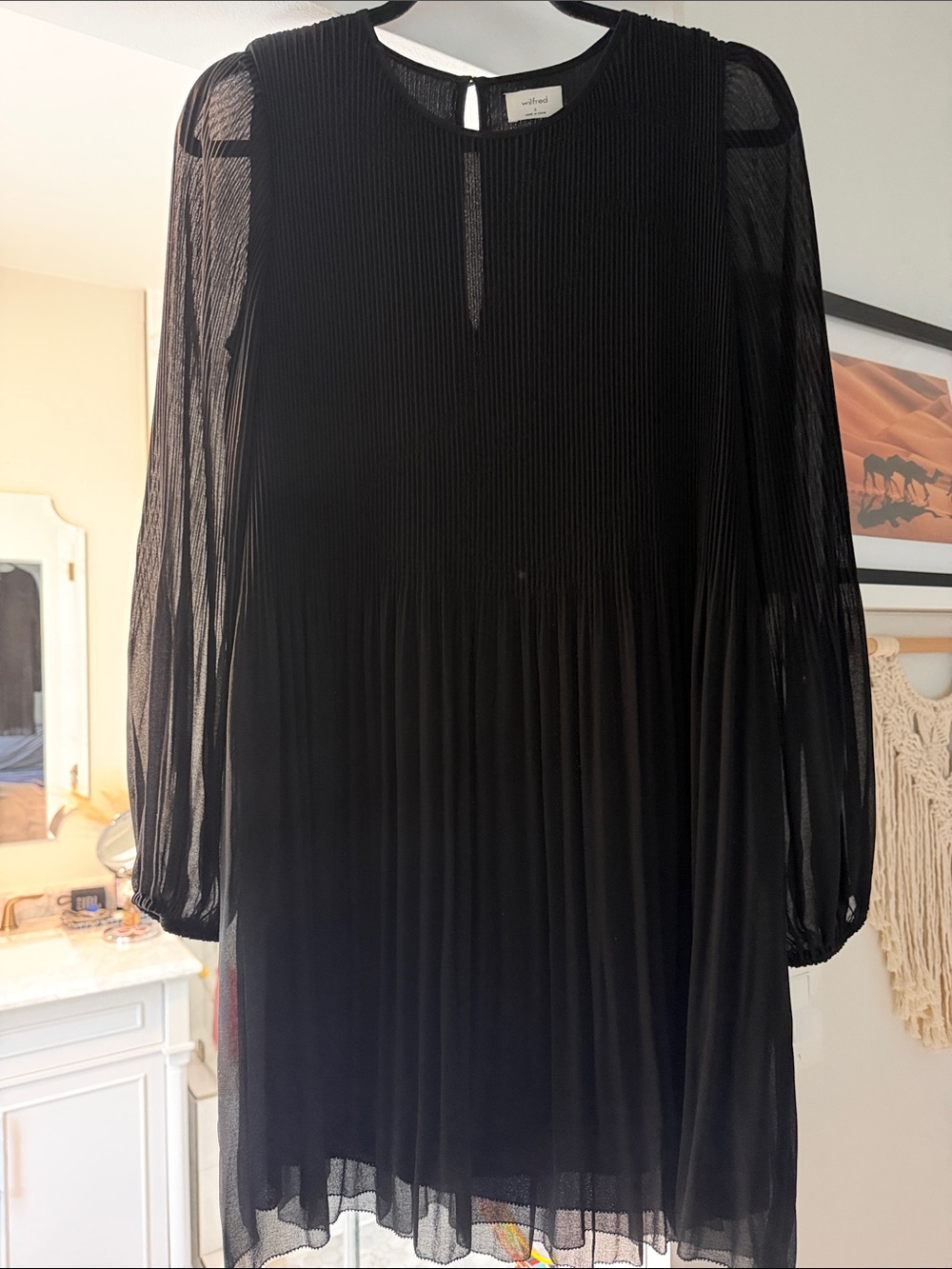 Wilfred Black Pleated Long-Sleeve Shift Dress